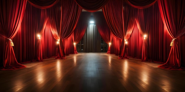 Deserted red carpet in a room with red curtains and spotlights Concept Red Carpet Events Glamorous Settings Theatrical Ambiance Celebrities Elegant Decor