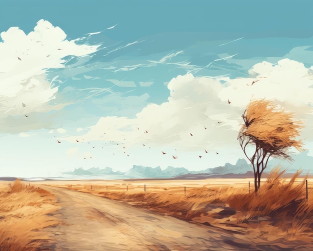 Deserted road background with tumbleweed flat design top view western theme cartoon drawing colored