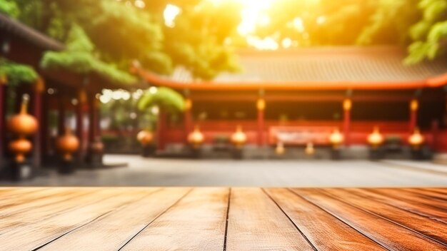 The deserted wooden table with a blurred cityscape in the downtown business district featuring