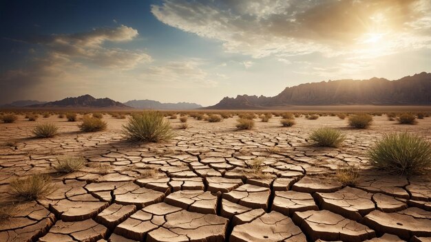 Photo desertification with dry cracked earth and sparse vegetation