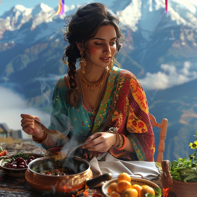 Photo desi girl cooking in natures ambiance