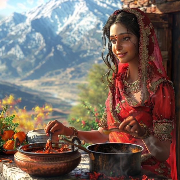 Photo desi girl cooking in natures ambiance