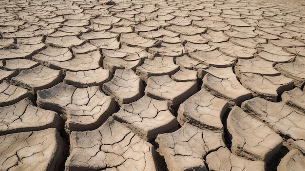 Desiccated lakebed with fissured terrain stark scenery embodying the idea of climate transformation Generative AI