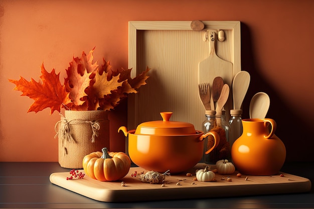 A design background of an empty kitchen counter with an orange basket