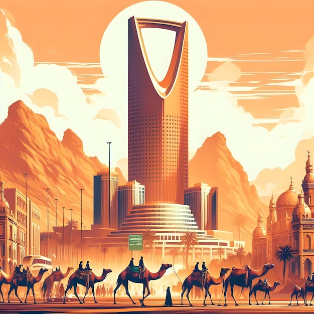 Design background tower and camels Saudi Arabia painting ai generator