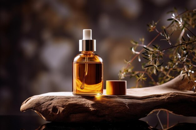 Design and branding for natural beauty product in amber glass bottle on wooden podium