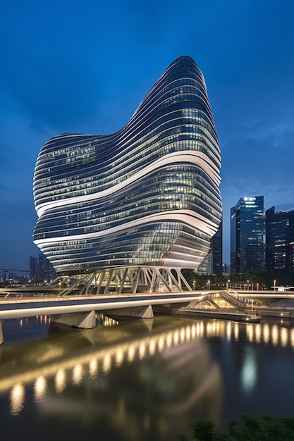 The design of the building is made of glass and has a curved shape that is shaped like a triangle.