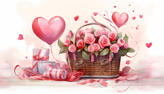 Design a card featuring a basket filled with love themed gifts surrounded by hearts and a romantic goblet Create an open space for a personal expression of love