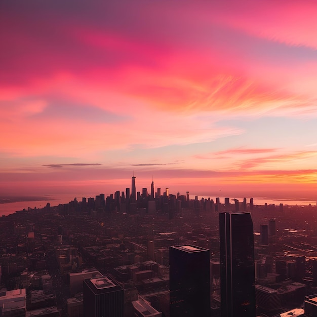 Photo design a cityscape at sunset with the sky painted in hues of pink orange and purple