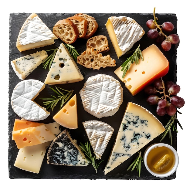 design a closeup shot of a variety of gourmet cheeses with different textures and colors arranged