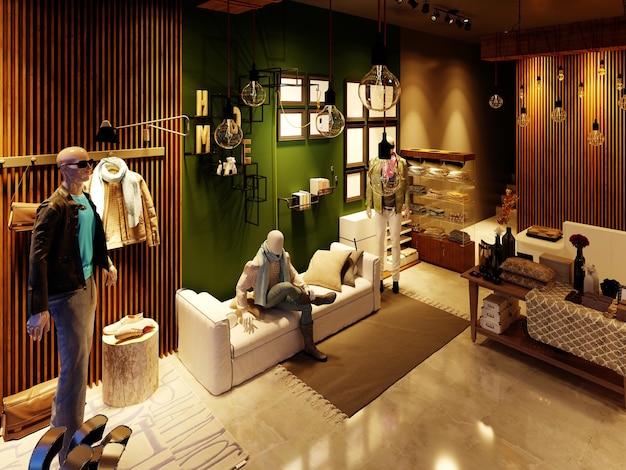 Design of a clothing and footwear store in a modern style with mannequins in the evening lighting 3D rendering