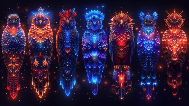 Design a collection of neon bird of prey symbols including