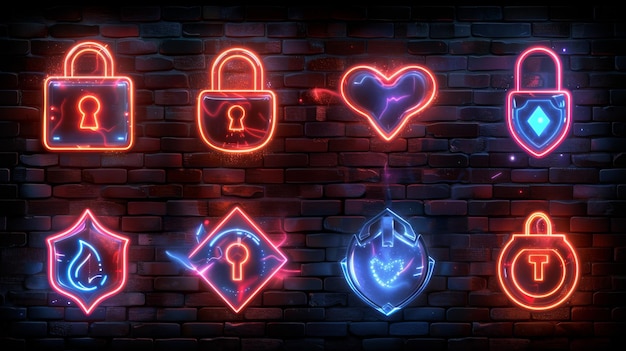 Design a collection of neon cybersecurity symbols including illuminated lock