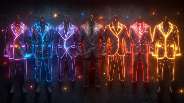 Design a collection of neon professionalism symbols including illuminated suits