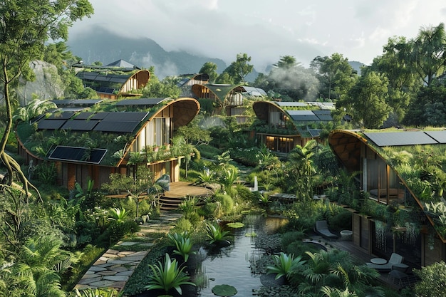 Design a concept of a sustainable village where ev generative ai