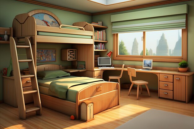 Design cosy interior of Childrens Room with toys soft green shades in frontal perspective