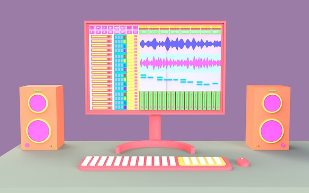 Design cute studio music recording illustration set with table and sound audio production arranger