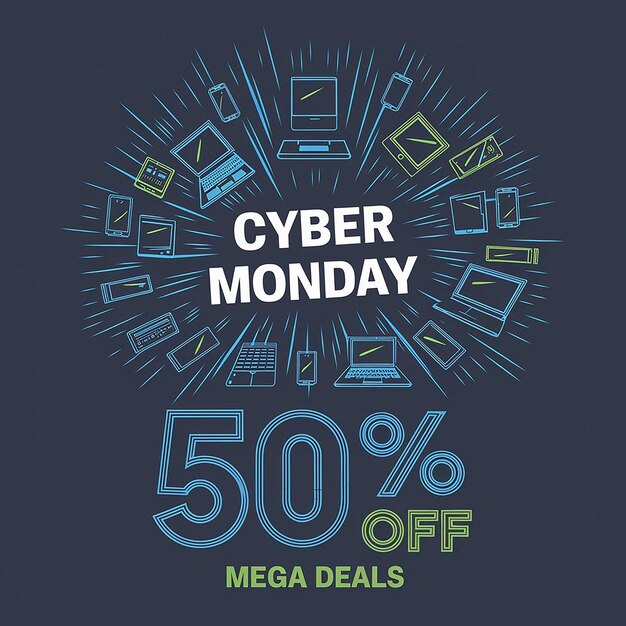 A Design Of Cyber Monday 50 Off Mega Deals