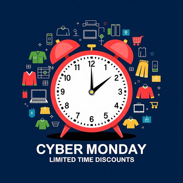 A design of Cyber Monday with a ticking clock surrounded by shopping icons