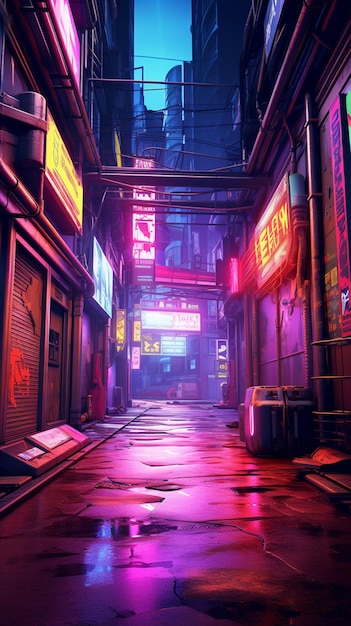 Design a cyberpunk alleyway with neon signs street art and futuristic advertisements UHD Hyper r