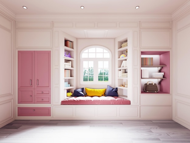 Design of the decoration of the area around the window in the nursery with shelves for books