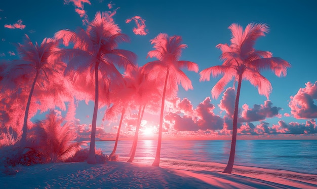 Design a dramatic infrared sunset over a tropical island with palm trees casting long