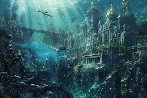 Design a dreamscape of a sunken city beneath the w generative ai