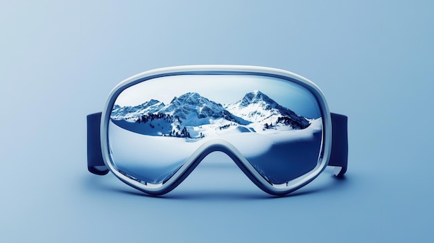 The design features ski goggles showcasing stunning snowcovered mountains reflected in the lenses against a blue backdrop Generative AI