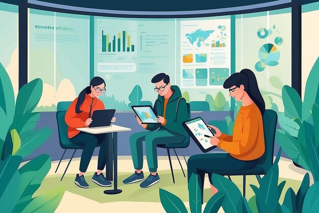 Design a flatstyle illustration of students using digital tablets to analyze data from ecological studies vector illustration in flat style