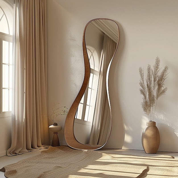 Photo design of a full body mirror in a front view standing on the floor against a wall with interior d