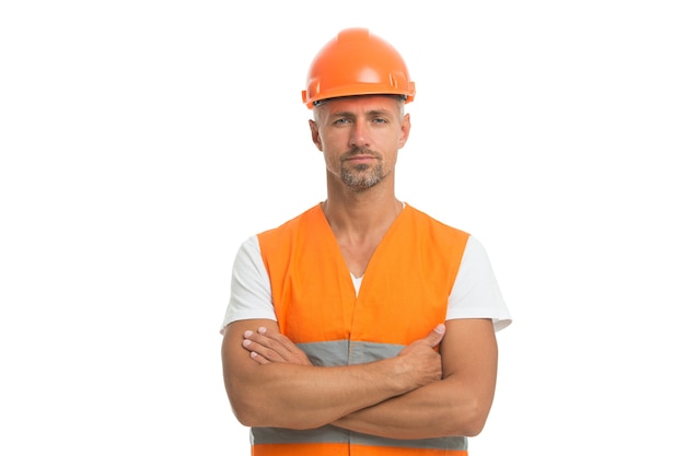 Design future. Mature man in helmet. Works at building site. Builder in protective vest and helmet. Construction worker isolated white. Engineering for better life. Building design. Design architect.