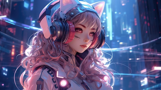 Design a futuristic nekomimi girl immersed in virtual reality adorned with hightech headphones