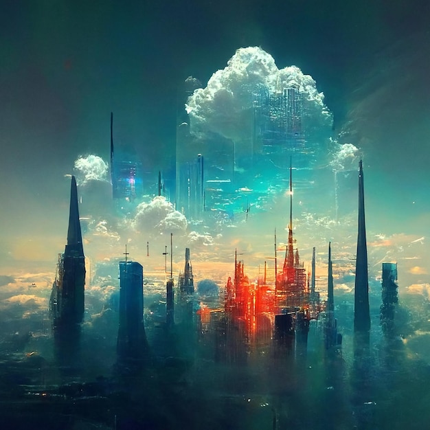 Design of futuristic sky city abstract tower architecture illustation design internet connect of line data transfer