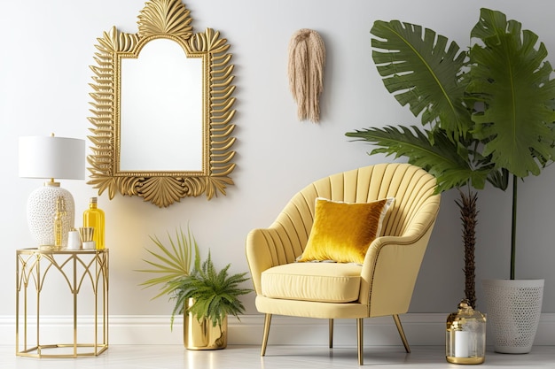 Design gold armchair dressing table with mirror plants palm fronds yellow macrame and accessories