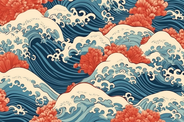 The design has a Japanese wave pattern Illustration Generative AI