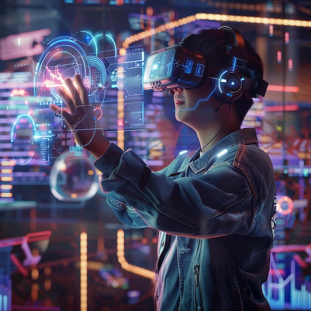 Design a hightech virtual reality scene with immersive environments and cuttingedge gadgets