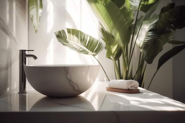 Design house leaf tropical home green bathroom white interior clean sink Generative AI