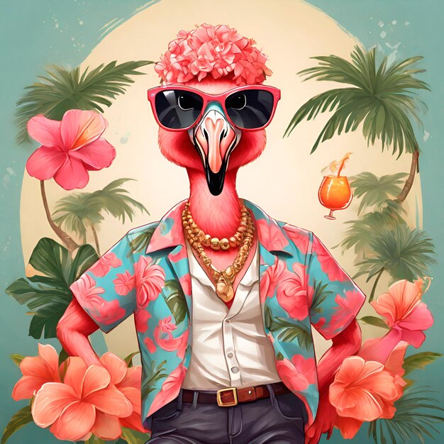 Design an illustration of a partyloving flamingo wearing sunglasses and a Hawaiian shirt dancing