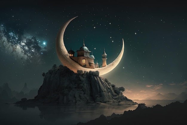 Design illustration of waxing crescent moon that will usher in holy month of ramadan AI generated