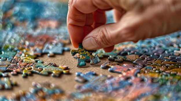 Design an image of a hand carefully placing a puzzle piece into its spot