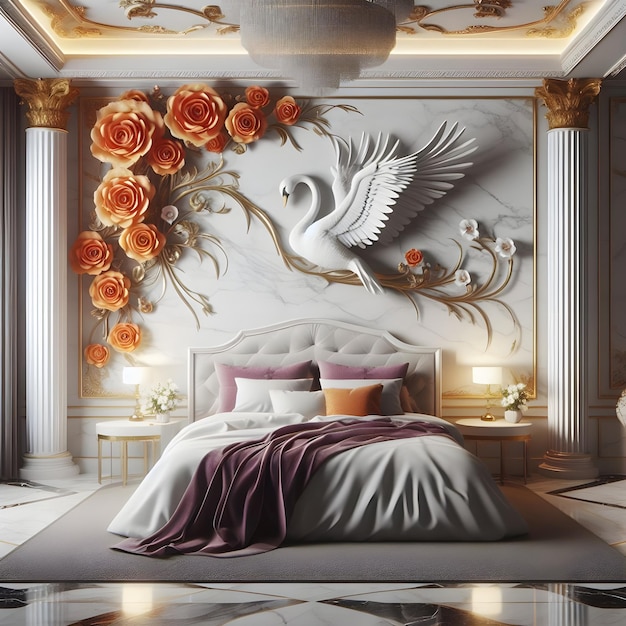 Design interior bedroom luxury flowers swan wall Ai Generator