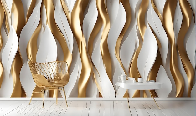 Design interior home living room render wall waves golden white