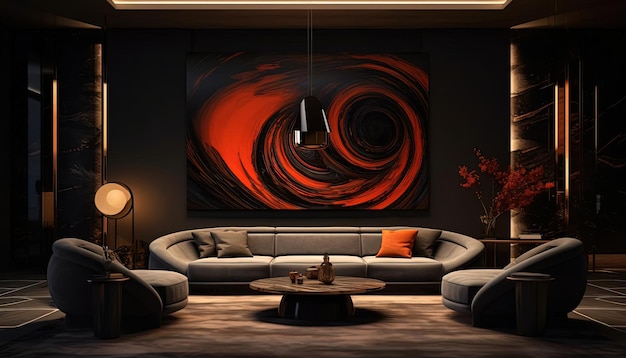 the design is bold with dark charcoal and brown shades in the style of large scale paintings