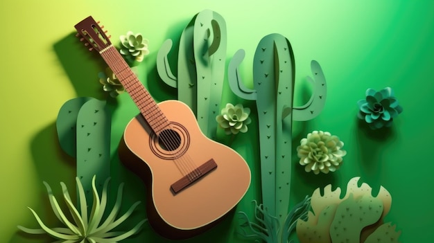 Design for Mexican holiday Cinco De Mayo Modern Cactus guitar on pastel color template background AI GenerativexA