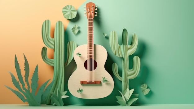 Design for Mexican holiday Cinco De Mayo Modern Cactus guitar on pastel color template background AI GenerativexA