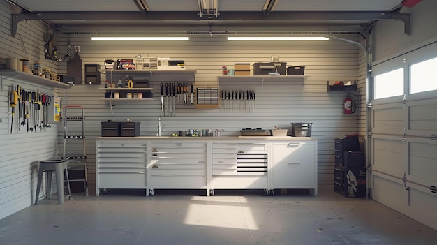 Photo design a minimalist white workbench in a garage showcasing an organized and functional space for diy projects