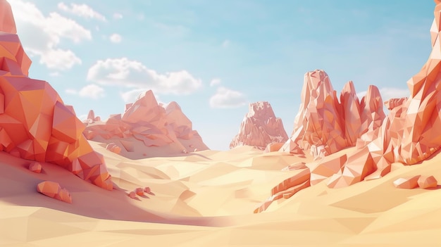 Design minimalistic desert scenery in pastel hues featuring low poly dunes and rocks