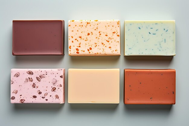 Design mockup featuring handmade soap bars on a colored background from a top view