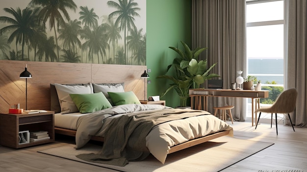 Design of modern bedroom with floral decor in the interior minimalist organic design AI generated