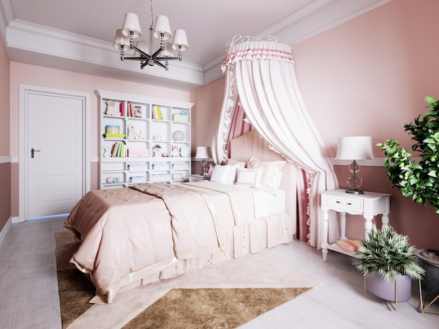 Design of a nursery for a girl in pink colors in a classic style with a beautiful fourposter bed